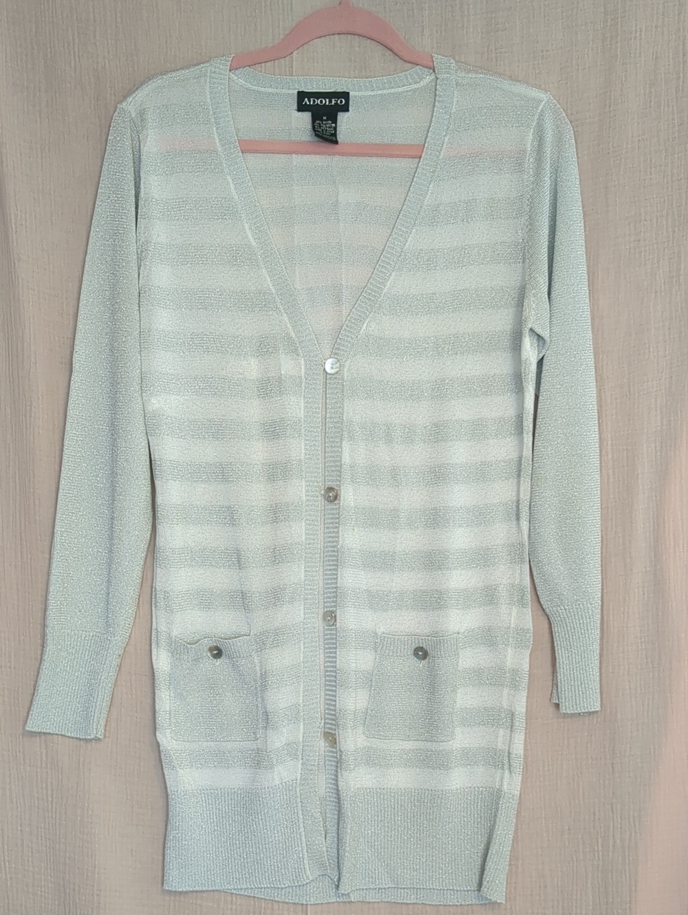 Adolfo Pale Gray Striped V-Neck Long Cardigan